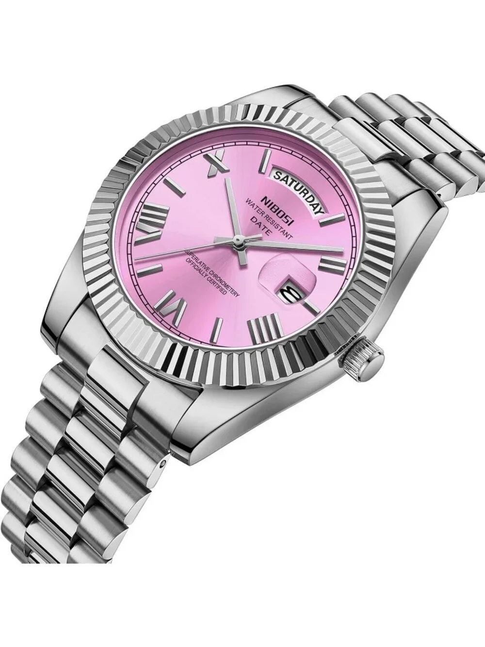 Nibosi Men's Silver Pink Analog Quartz Stainless Waterproof Desiger Wrist Watch